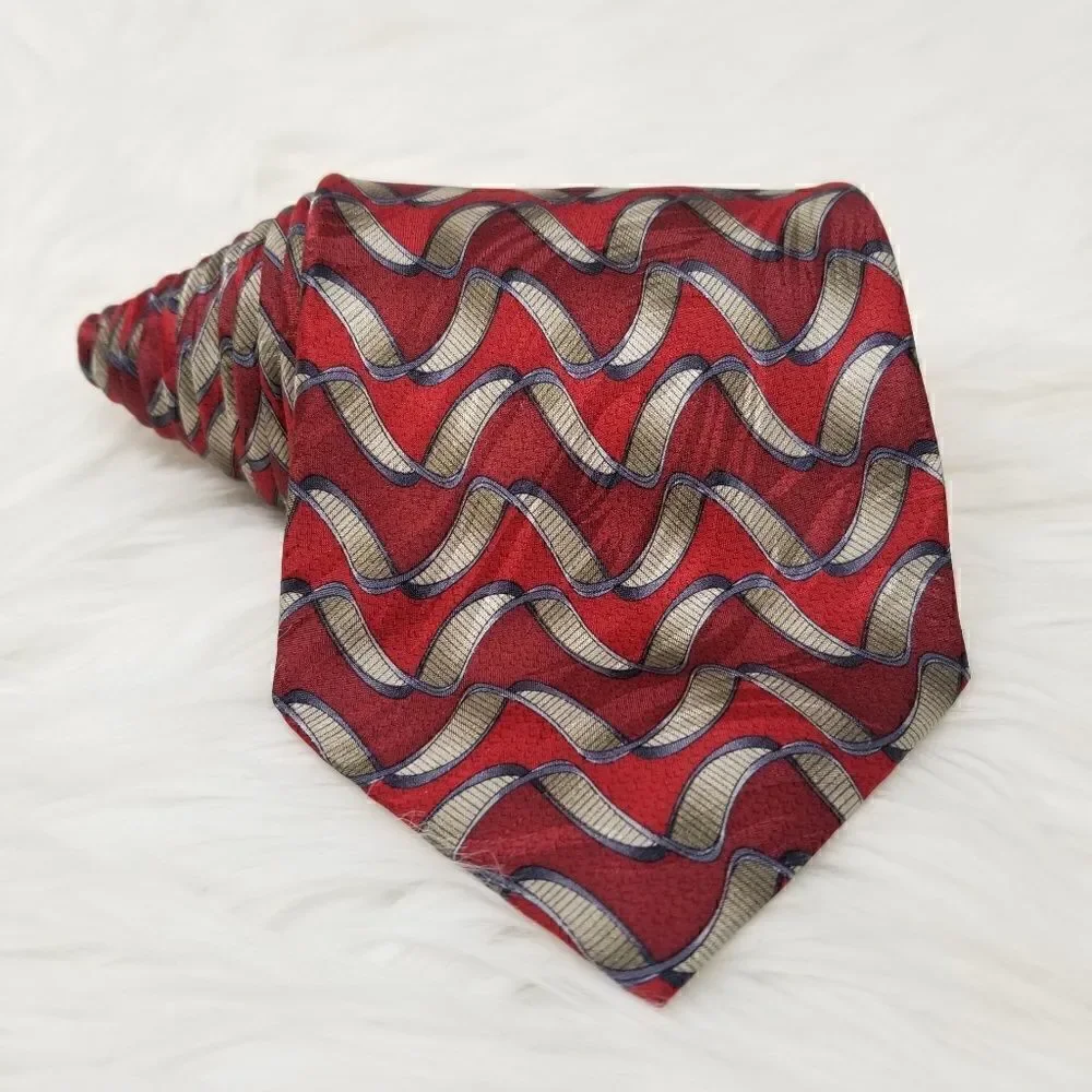 Keith Daniels Red & Gray Ribbon Print Silk Tie